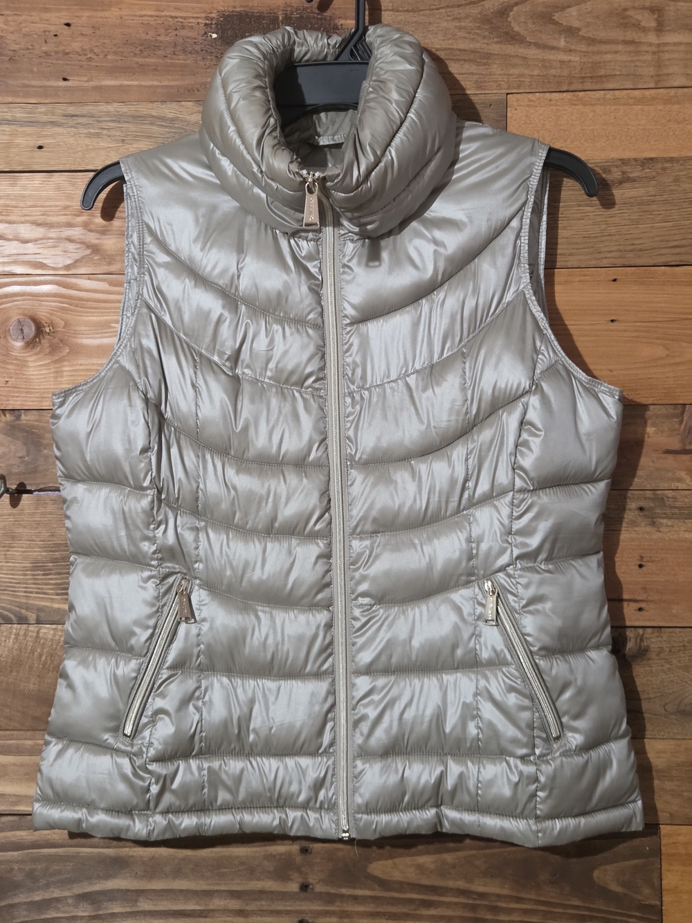 Calvin Klein Silver Taupe Puffer Vest Quilted Mock Neck Zip Lightweight Cozy L